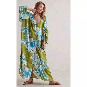 Anthropologie Olive Green and Blue Floral Long Kimono